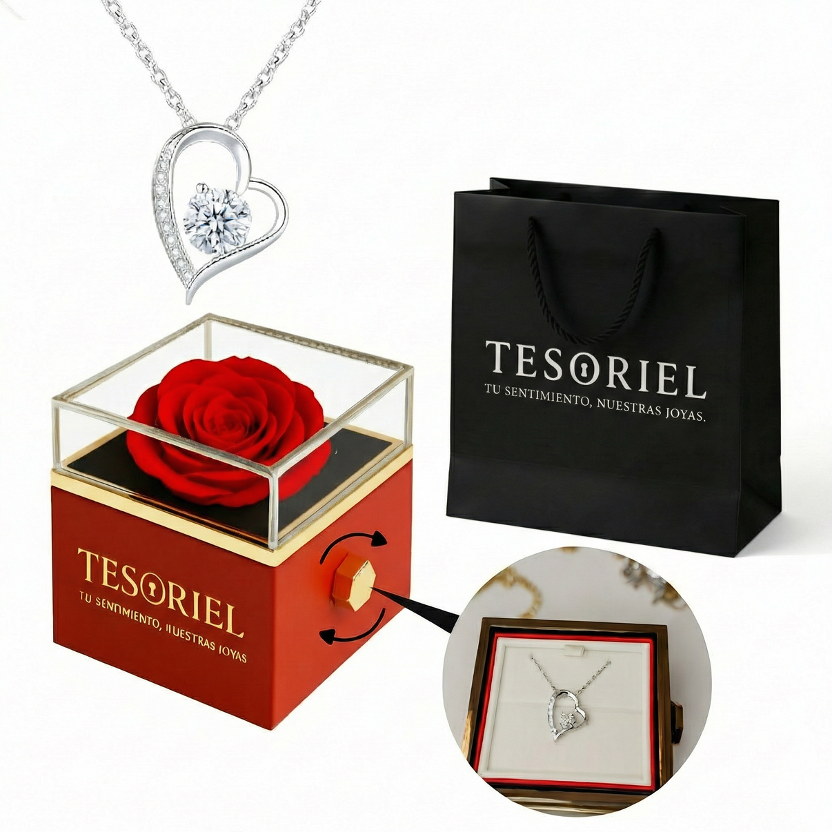  Caja de Rosa Eterna con Colgante Corazón Eterno - Tesoriel