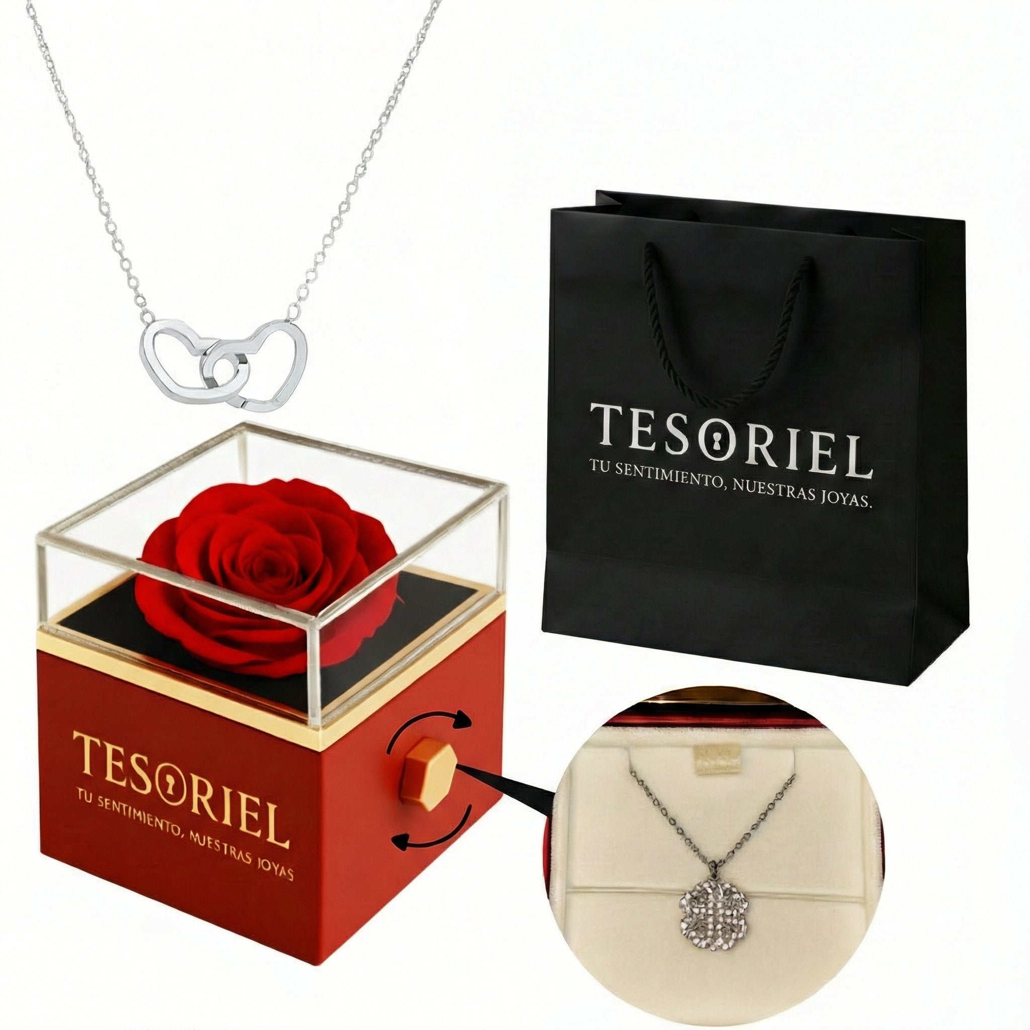Caja de Rosa Eterna con Collar Dos Corazones Personalizable - Tesoriel