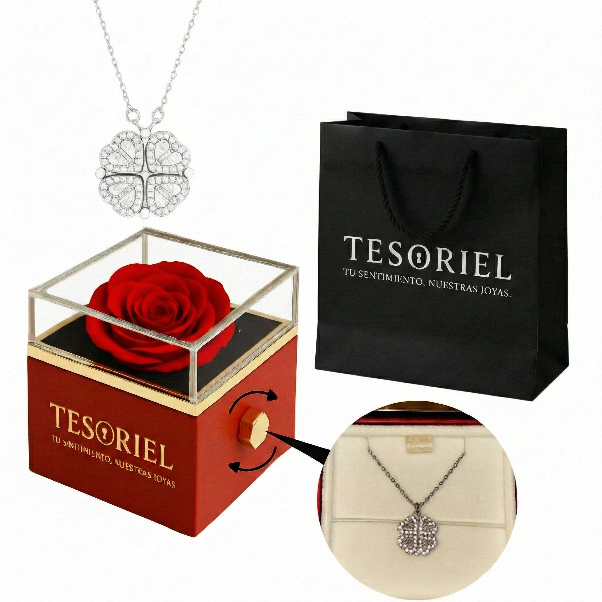 Caja de Rosa Eterna con Collar Trébol de Corazones - Tesoriel