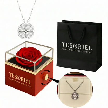 Caja de Rosa Eterna con Collar Trébol de Corazones - Tesoriel