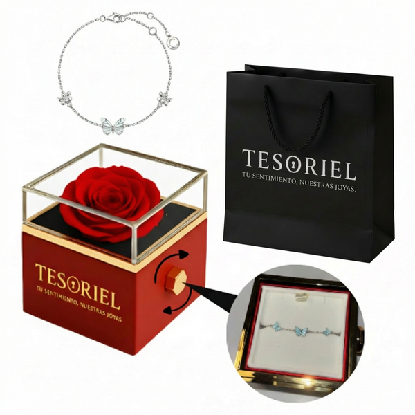 Caja de Rosa Eterna con Pulsera Mariposa Azul Sueño Luminoso - Tesoriel
