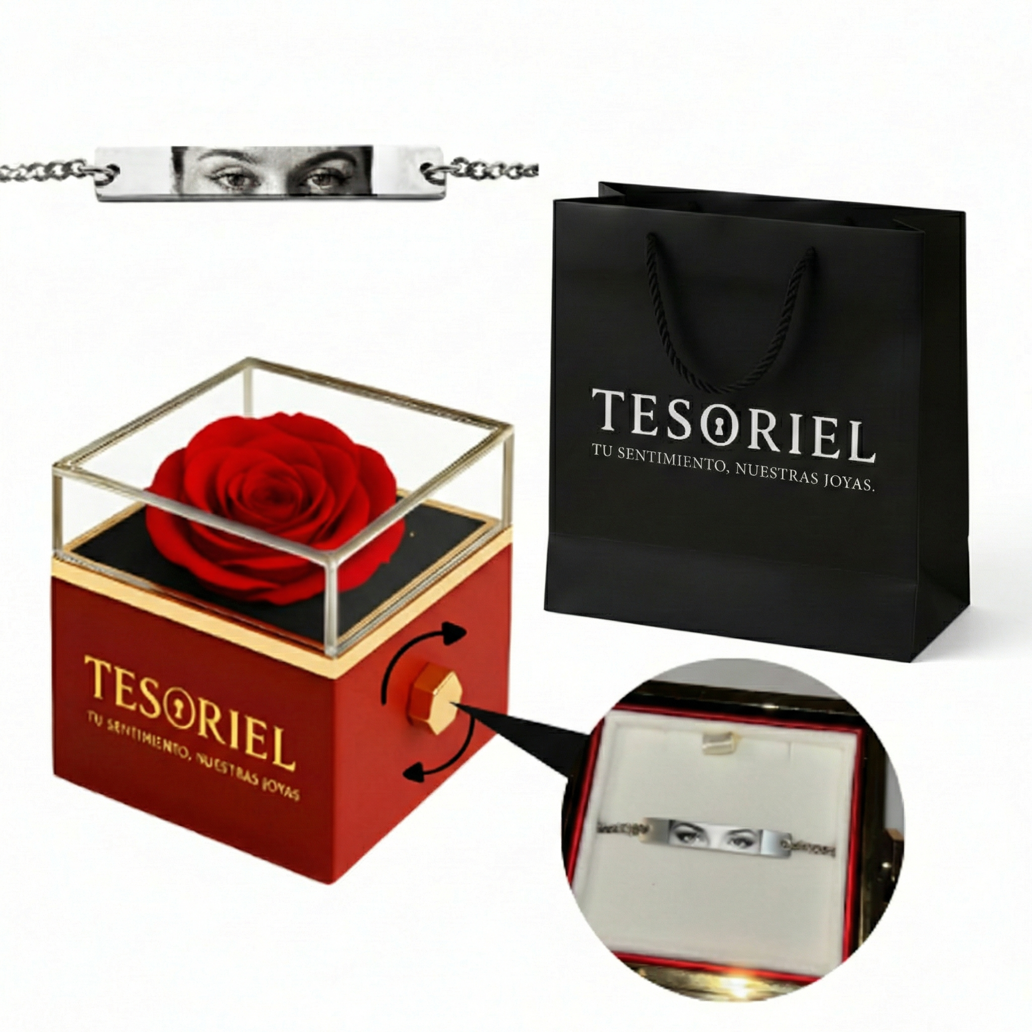 Caja de Rosa Eterna con Pulsera Ojos Personalizables - Tesoriel