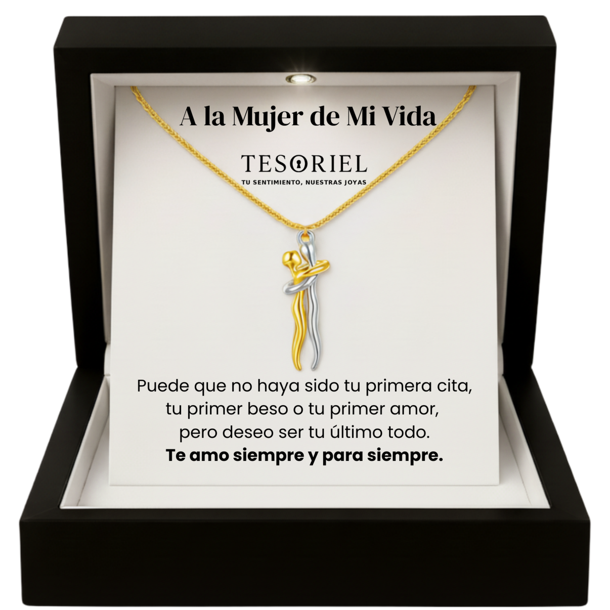 Colgante Abrazo Eterno Plata-Dorado con Cartas Especiales A la Mujer de Mi Vida - Tesoriel