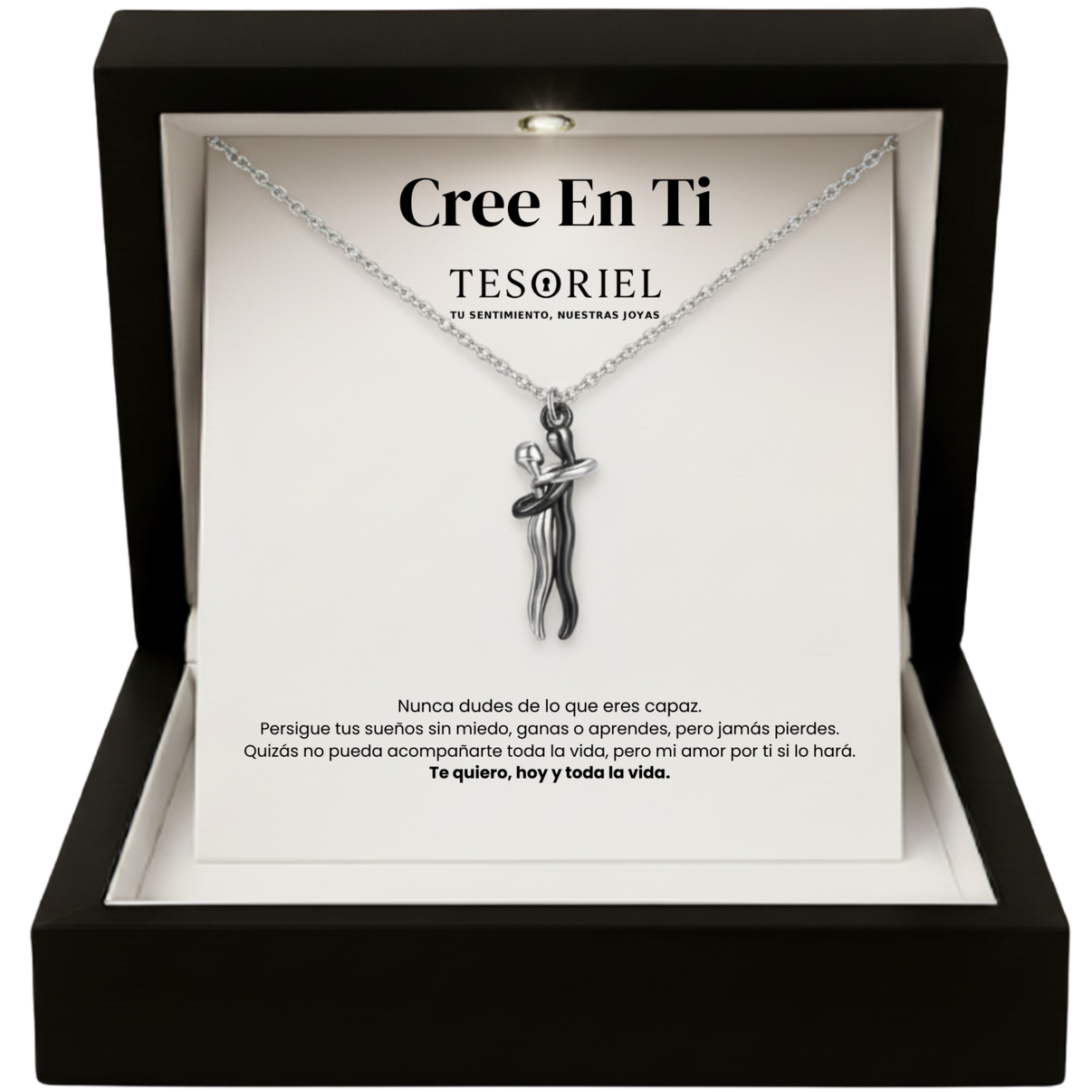 Colgante Abrazo Eterno Plata/Negro con Cartas Especiales Cree en Ti - Tesoriel