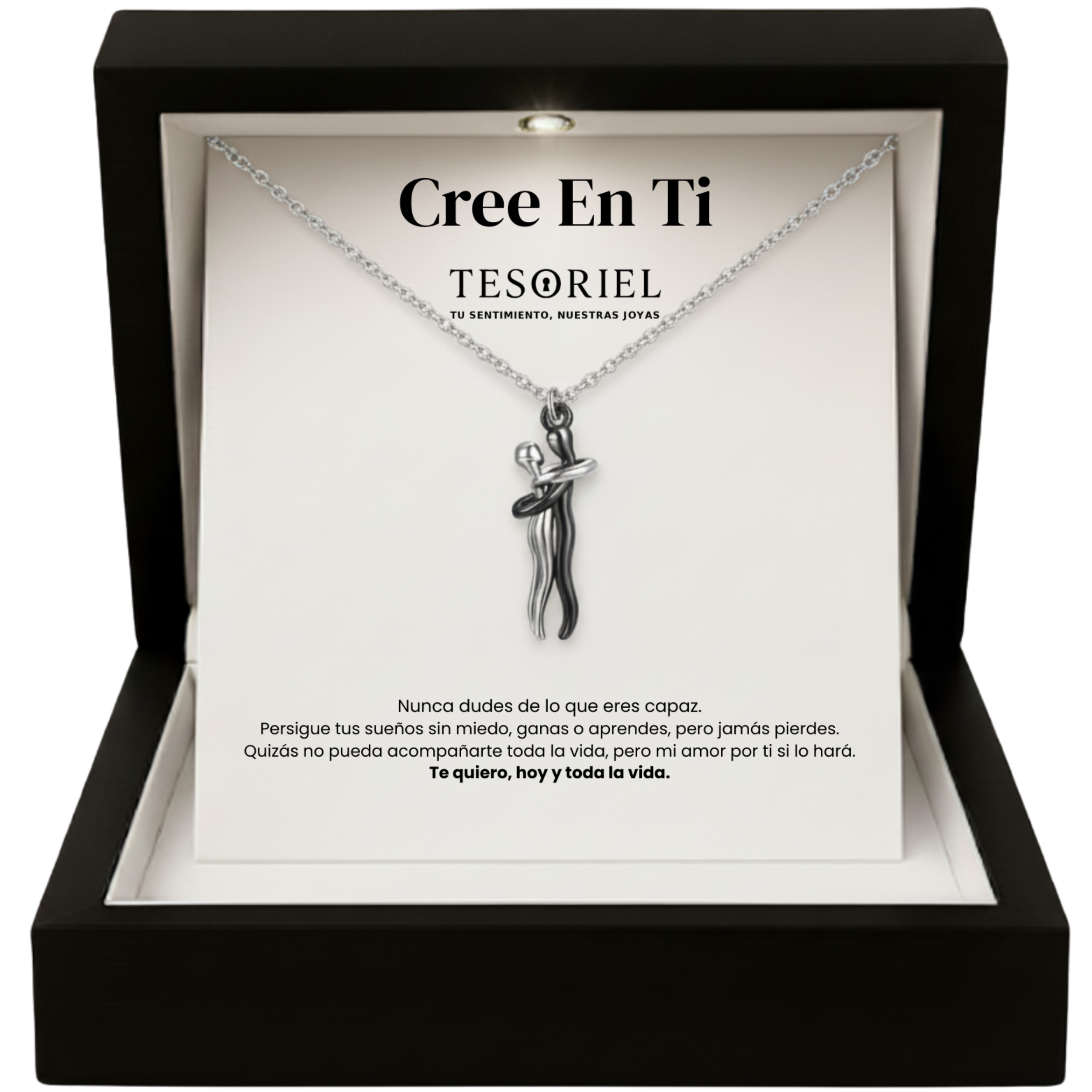 Colgante Abrazo Eterno Plata/Negro con Cartas Especiales Cree en Ti - Tesoriel