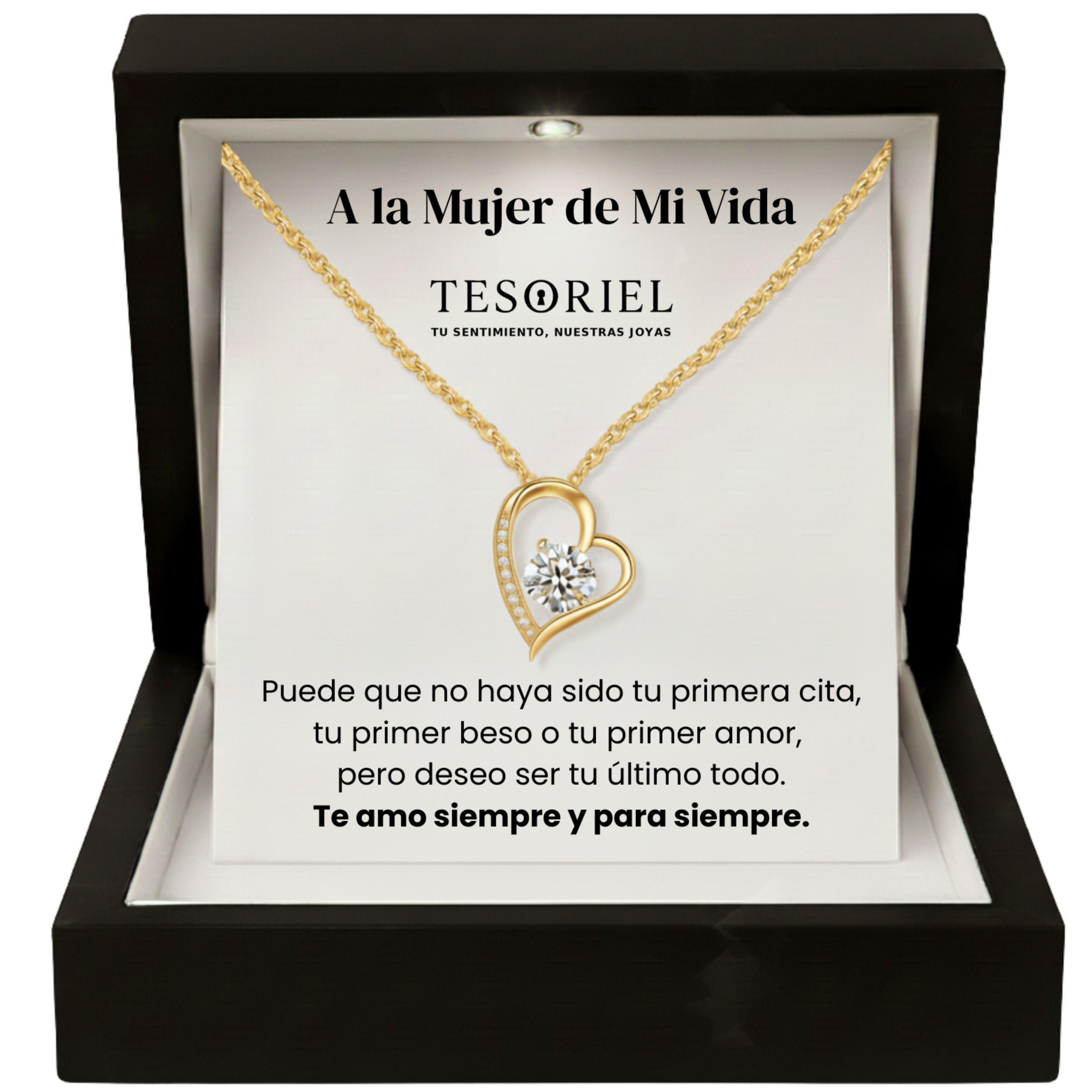 Colgante Corazón Eterno Dorado con Cartas Especiales A la Mujer de Mi Vida - Tesoriel