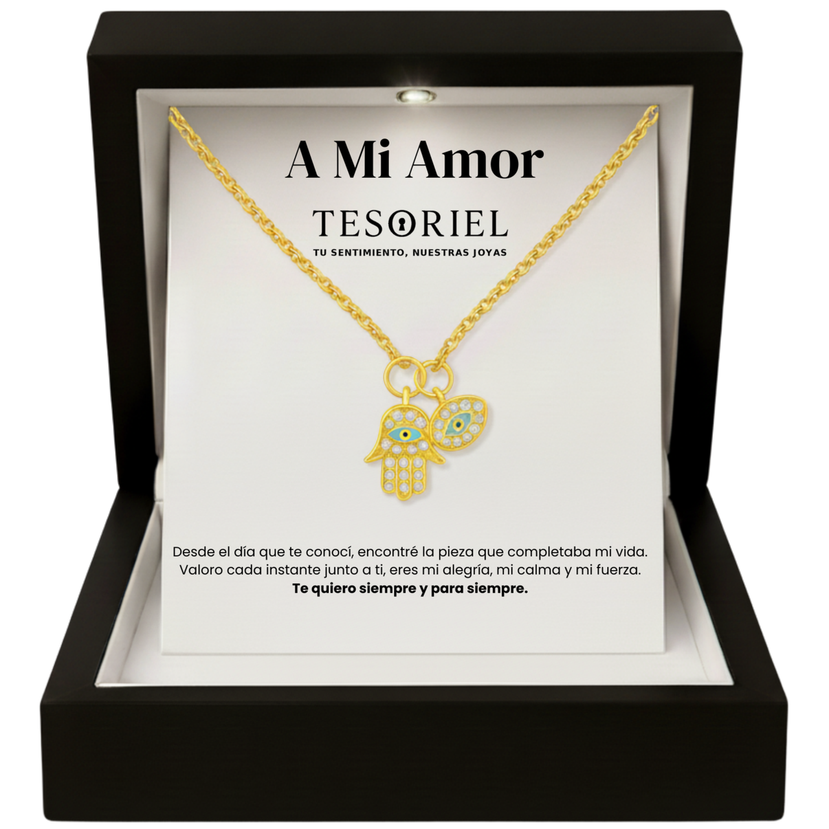 Colgante Mano de Fátima Dorado con Cartas Especiales A Mi Amor - Tesoriel
