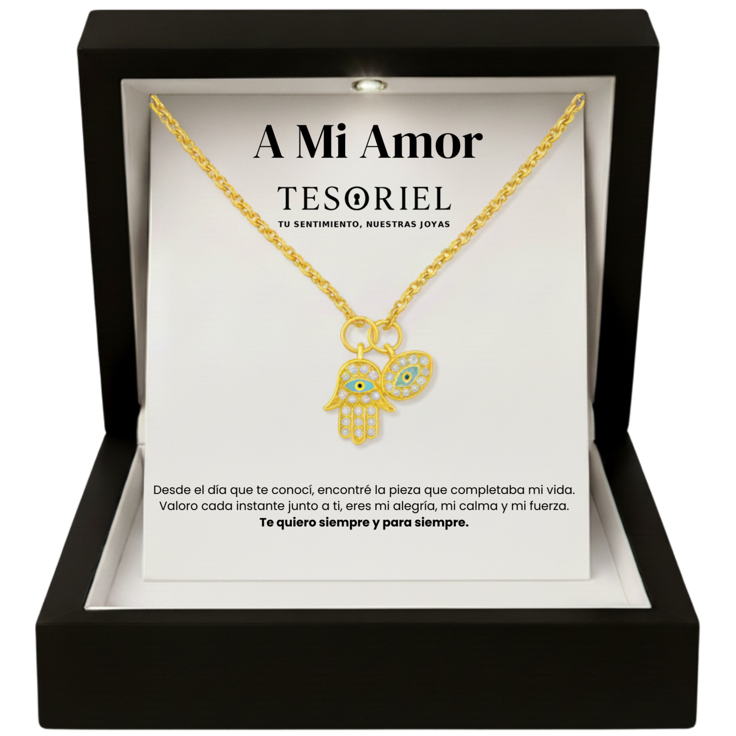Colgante Mano de Fátima Dorado con Cartas Especiales A Mi Amor - Tesoriel