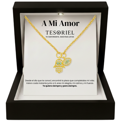 Colgante Mano de Fátima Dorado con Cartas Especiales A Mi Amor - Tesoriel