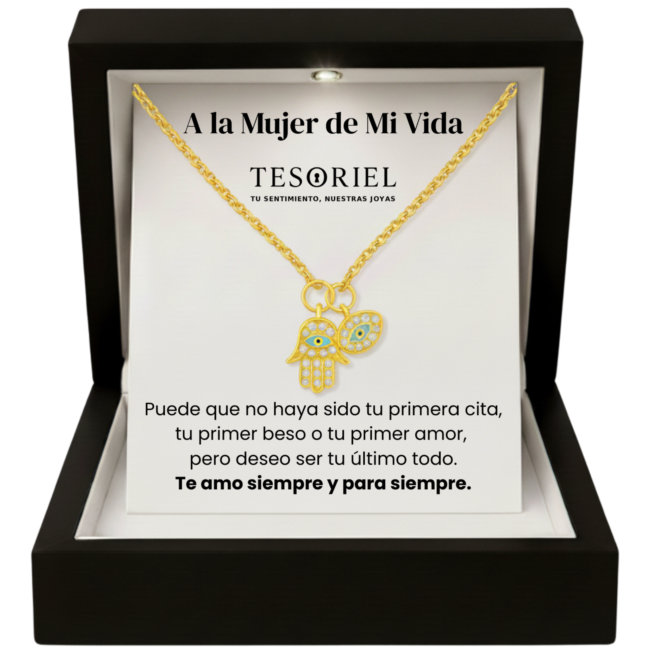 Colgante Mano de Fátima Dorado con Cartas Especiales A la Mujer de Mi Vida - Tesoriel