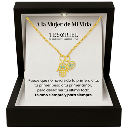 Colgante Mano de Fátima Dorado con Cartas Especiales A la Mujer de Mi Vida - Tesoriel