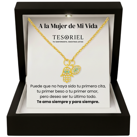Colgante Mano de Fátima Dorado con Cartas Especiales A la Mujer de Mi Vida - Tesoriel