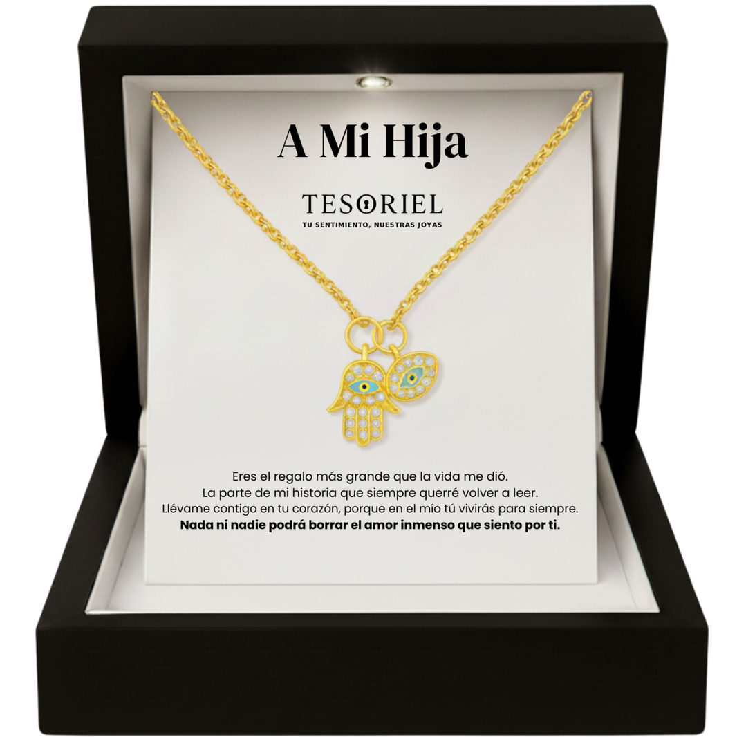 Colgante Mano de Fátima Dorado con Cartas Especiales Para Mi Hija - Tesoriel