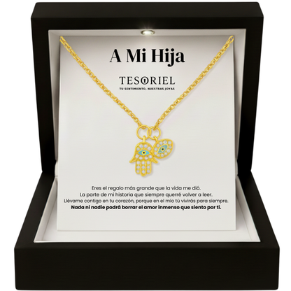 Colgante Mano de Fátima Dorado con Cartas Especiales Para Mi Hija - Tesoriel