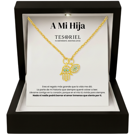 Colgante Mano de Fátima Dorado con Cartas Especiales Para Mi Hija - Tesoriel