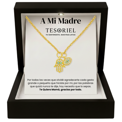 Colgante Mano de Fátima Dorado con Cartas Especiales A Mi Madre - Tesoriel