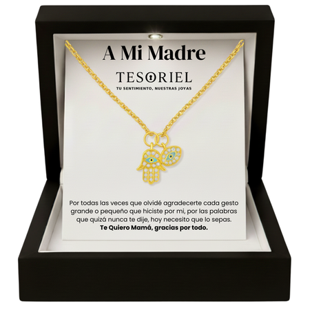 Colgante Mano de Fátima Dorado con Cartas Especiales A Mi Madre - Tesoriel