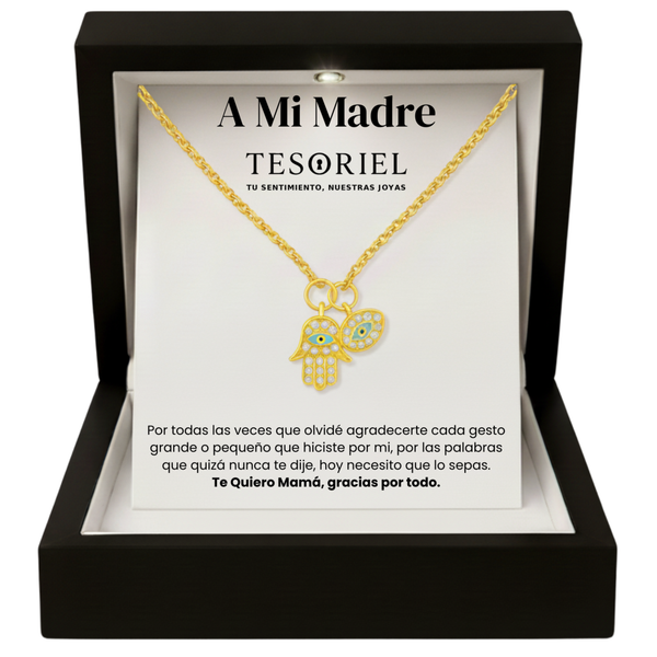 Colgante Mano de Fátima Dorado con Cartas Especiales A Mi Madre - Tesoriel