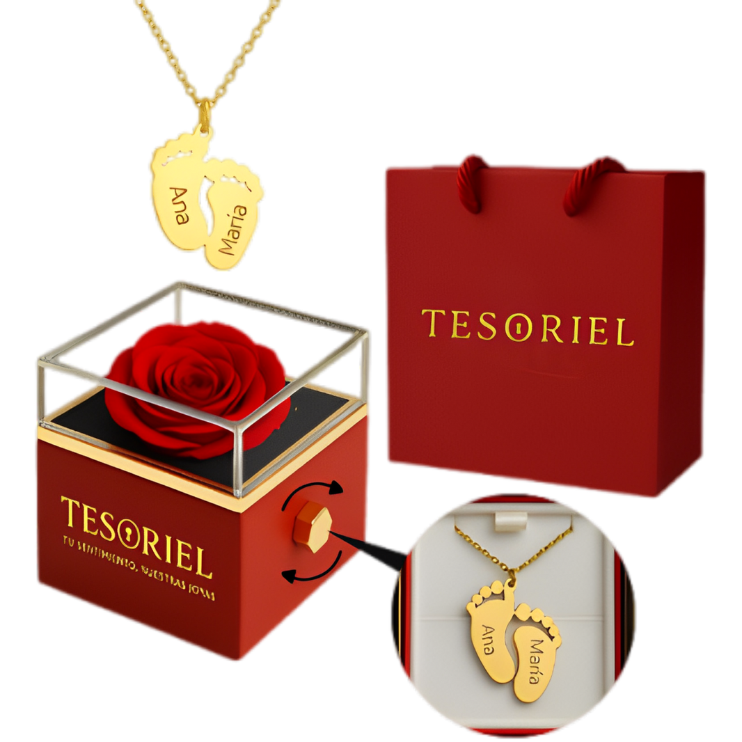 Caja de Rosa | Collar Huellitas Personalizable Oro 18K