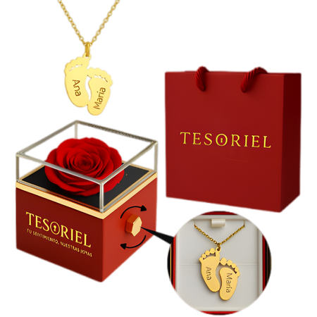 Caja de Rosa | Collar Huellitas Personalizable Oro 18K