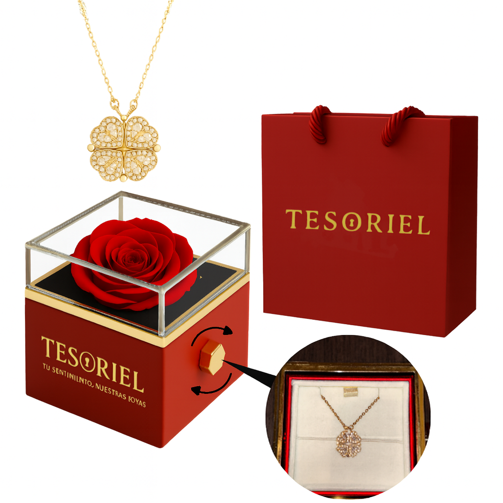 Caja de Rosa | Collar Trébol de Corazones Oro 18K