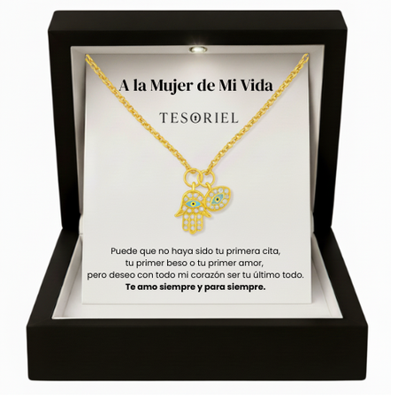Colgante Mano de Fátima Oro 18k Para Mi Mujer/Novia (Con Carta Dedicatoria a Escoger)