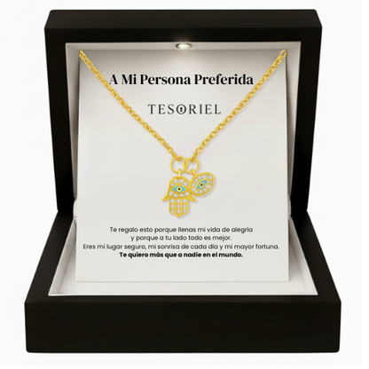 Colgante Mano de Fátima Oro 18k Para Mi Mujer/Novia (Con Carta Dedicatoria a Escoger)
